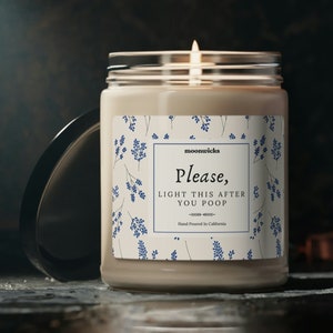 Alsjeblieft, steek dit aan nadat je sojawas kaars kak, grappige badkamer decoratie kaars, grappige kaars cadeau voor vriend, eco-vriendelijke 9oz. Kaars