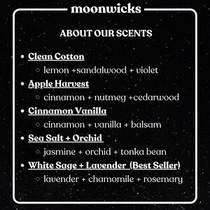 May include: A list of candle scents with their corresponding notes. The scents include Clean Cotton, Apple Harvest, Cinnamon Vanilla, Sea Salt + Orchid, and White Sage + Lavender (Best Seller).