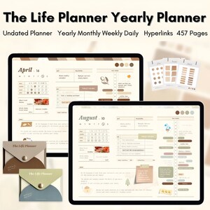 Könnte beinhalten: Ein digitaler Planer in braunen und beigefarbenen Tönen. Der Planer hat Registerkarten für April und August. Der Planer enthält einen Kalender, eine To-Do-Liste und einen Habit-Tracker. Der Planer ist undatiert und hat 457 Seiten.