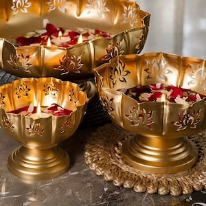 Set of 3 Gold Lotus Flower Decorative Diwali Gift T Light Candle Diya Floating Flowers Urli Bowl for Home Decor