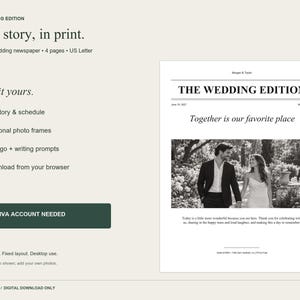 Op de afbeelding: Een vierpagina's tellend bewerkbaar trouwkrant-sjabloon in US Letter-formaat. De lay-out bevat de titel THE WEDDING EDITION, een zwart-witfoto van een koppel en tekstsecties voor namen, verhalen, schema's en gastenactiviteiten.