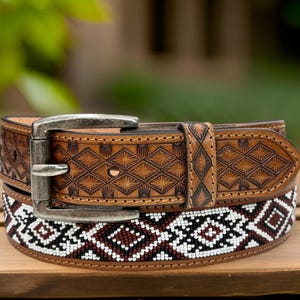 Tooled Western Beaded Engraved Leather Belt 100% Genuine Full Grain Cowhide Engraved Personalized Handmade Genuine Leather Cowboy Belt