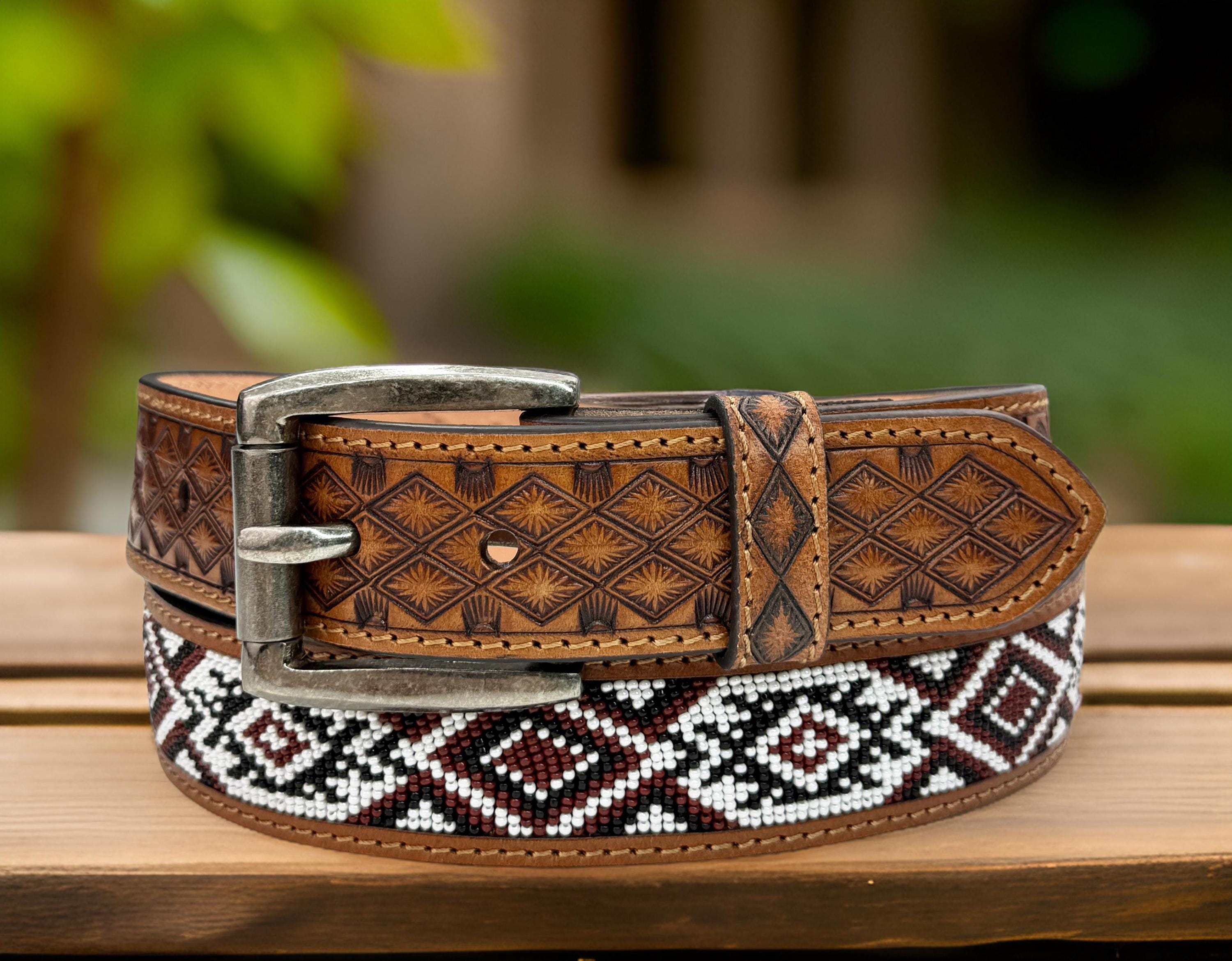 Tooled Western Beaded Engraved Leather Belt 100% Genuine  display picture 2