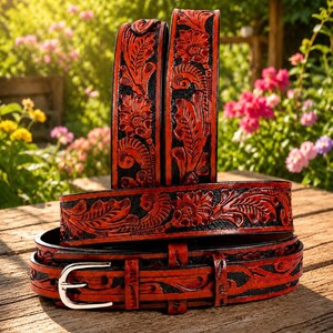 May include: A red and black leather belt featuring an intricate floral and leaf pattern embossed across the surface. The belt includes a silver-toned metal buckle and a matching leather keeper loop, showcasing a detailed carved design throughout.