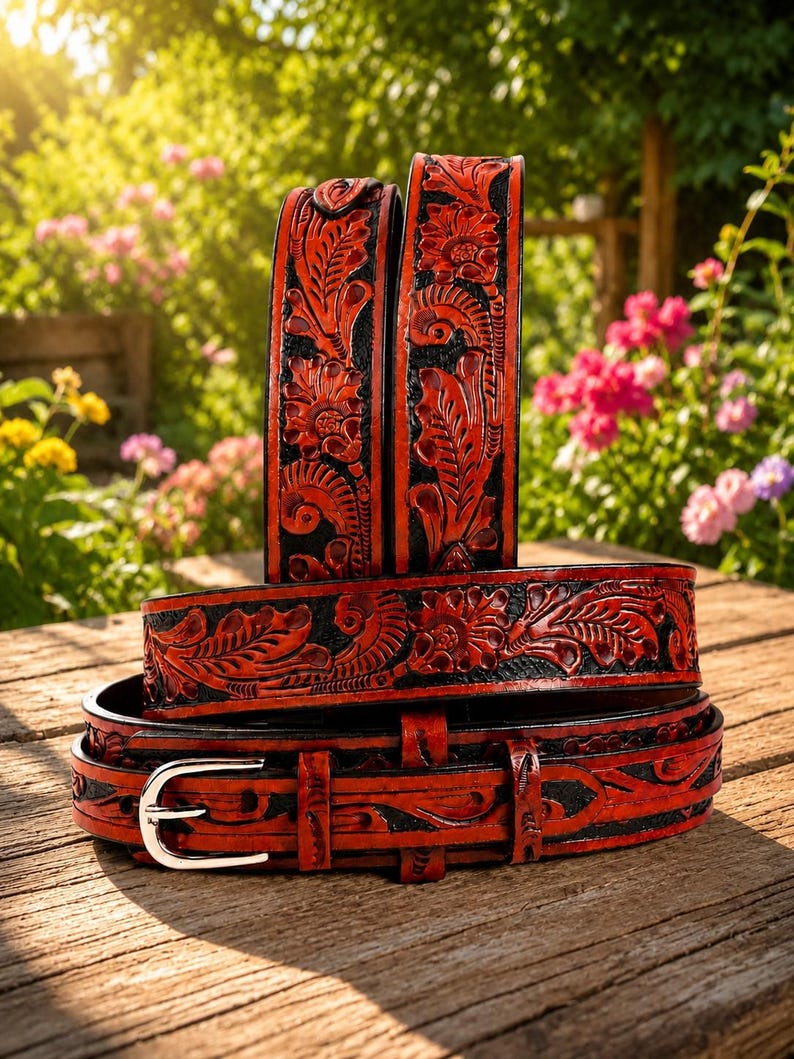 May include: A red and black leather belt featuring an intricate floral and leaf pattern embossed across the surface. The belt includes a silver-toned metal buckle and a matching leather keeper loop, showcasing a detailed carved design throughout.