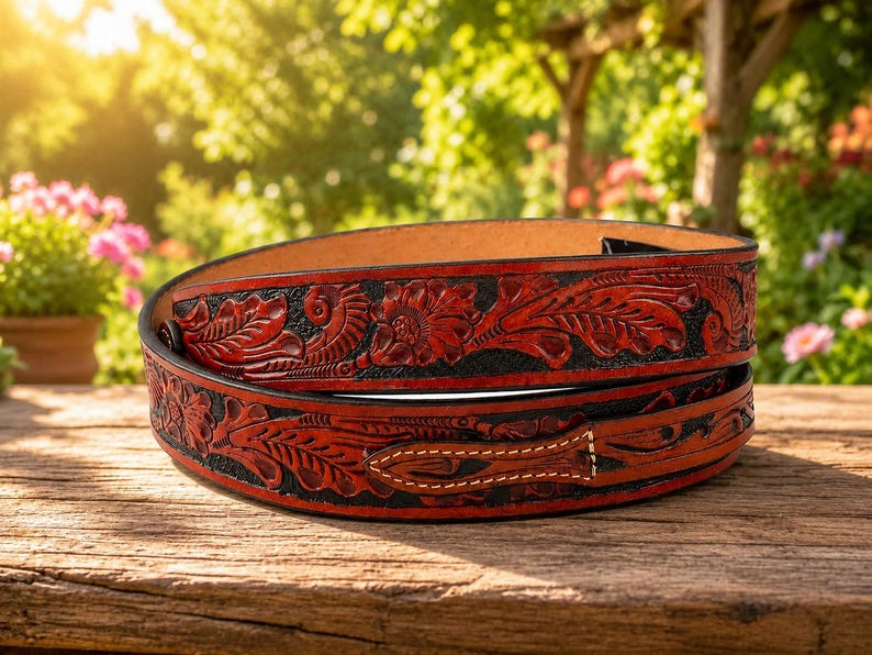 May include: A coiled leather belt featuring a deep red and black finish with intricate floral and leaf tooling patterns embossed across the surface. The belt displays a pointed tip and visible stitching along the edges of the leather strap.