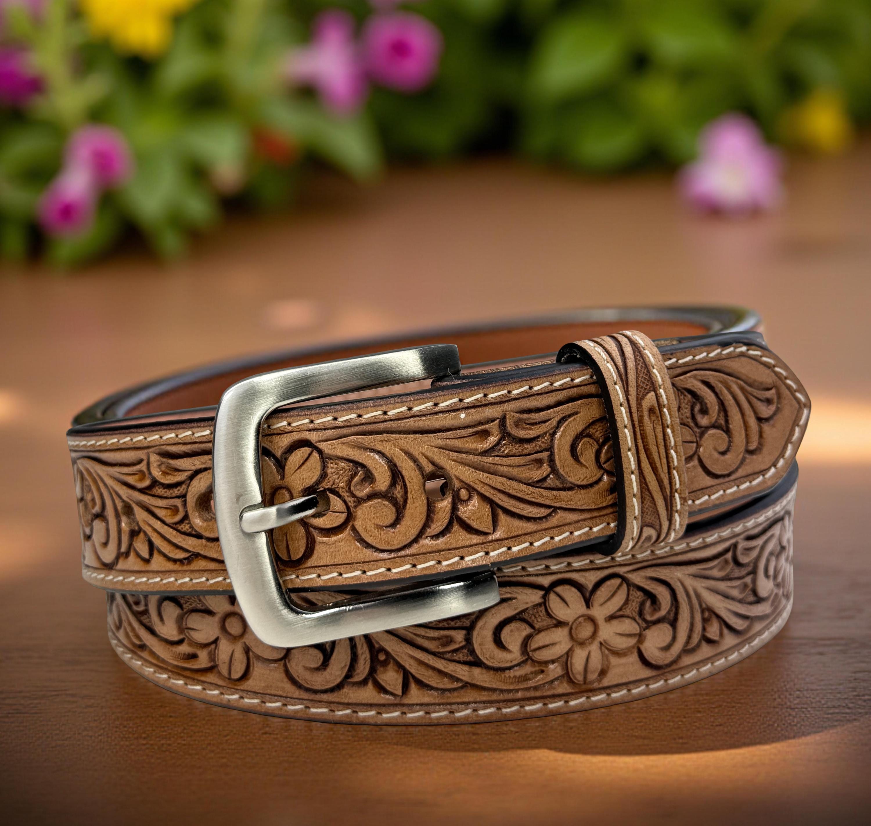 VTG TC Leather Tooled Genuine Cow Hide Leather Western Belt Women’s Small Pink Tooled Cowhide Belt - S to XL – Seven Songbirds Boutique main image 2