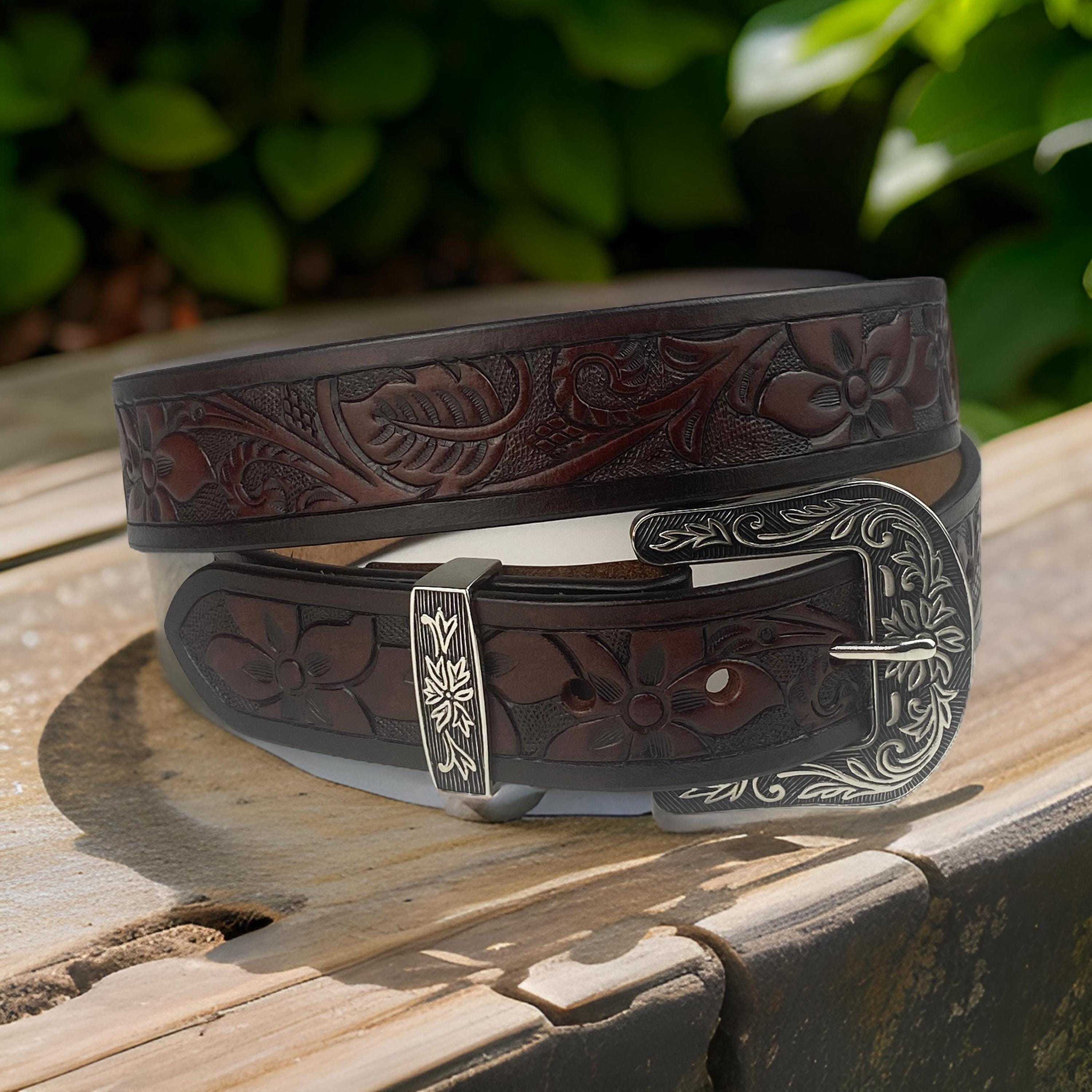 Women's Western Full Grain Genuine Leather Belt Embossed Belt 1.5" Thick with Cowboy Buckle Snap-On Tooled Belt Handmade Metal Belt Buckle