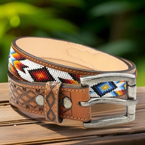 Tooled Western Beaded Engraved Leather Belt 100% Genuine Full Grain Cowhide Engraved Personalized Handmade Genuine Leather Cowboy Belt