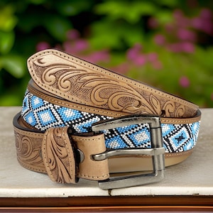 Tooled Western Beaded Engraved Leather Belt 100% Genuine Full Grain Cowhide Engraved Personalized Handmade Genuine Leather Cowboy Belt