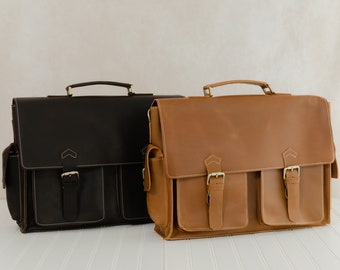Personalized Large Leather Briefcase For Men, 17" Travel Leather Briefcase Laptop Bag, Full Grain Leather Messenger Bag, Crossbody Bag