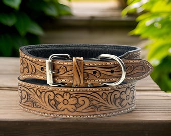 Dog Cat Leather Collar Genuine Leather Western Carved Embossed Tooled Floral Full Grain Leather Heavy Duty Padded Soft Adjustable