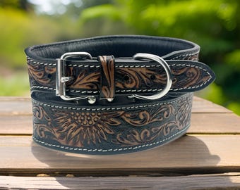 Leather Dog Collar Genuine Leather Western Carved Embossed Tooled Floral Full Grain Leather Heavy Duty Padded Soft Adjustable Collar