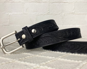 Handmade Western Floral Engraved Leather Belt with Buckle, Leather Snap-On Belt, Full Grain Cowhide with Snaps 1-1/2" WIDE, Cowboy Belt