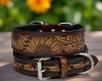 Dog Cat Leather Collar Genuine Leather Western Carved Embossed Tooled Floral Full Grain Leather Heavy Duty Padded Soft Adjustable
