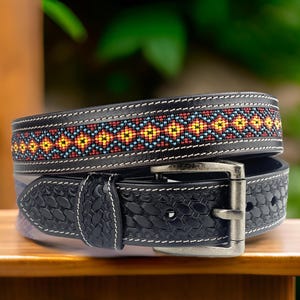 Tooled Western Beaded Engraved Leather Belt 100% Genuine Full Grain Cowhide Engraved Personalized Handmade Genuine Leather Cowboy Belt