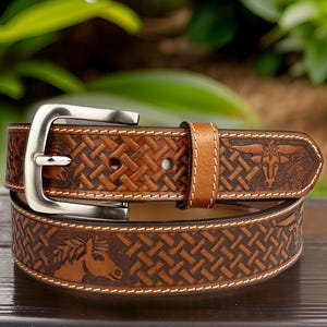 Genuine Leather Western Carved Embossed Tooled Cowboy Cowgirl Floral Strap Belt Full Grain Leather Heavy Duty Without Buckle