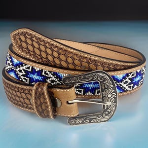 Western Beaded Tooled Engraved Leather Belt 100% Genuine Full Grain Cowhide Engraved Personalized Handmade Genuine Leather Cowboy Belt
