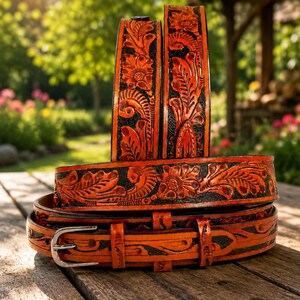 May include: A tan leather belt featuring intricate floral carvings with black-dyed recessed areas. The belt includes a silver-toned metal buckle and multiple loops, showcasing a detailed embossed pattern of leaves and flowers along the entire strap.