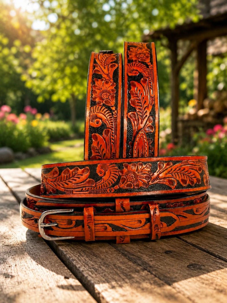 May include: A tan leather belt featuring intricate floral carvings with black-dyed recessed areas. The belt includes a silver-toned metal buckle and multiple loops, showcasing a detailed embossed pattern of leaves and flowers along the entire strap.