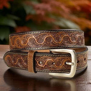Western Leather Bison Belt For Men - Silver Engraved Ranger Belt, Snap Buckle, Brown (Size 32)