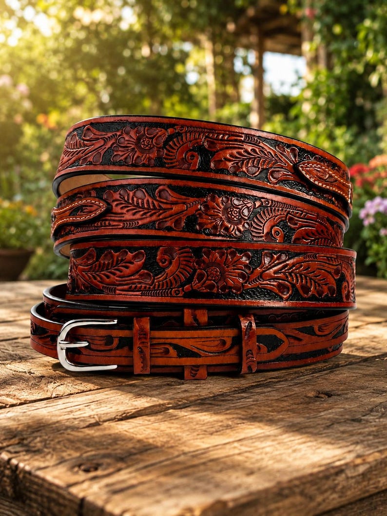 May include: A coiled leather belt featuring a deep brown and black floral embossed pattern. The belt has a polished silver-tone metal buckle and a series of loops, showcasing intricate carved details across the entire length of the strap.