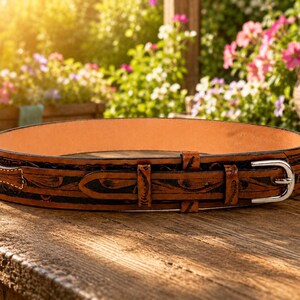 Ranger Texas Leather Tooled Western Gun Leather Belt 100% Genuine Full Grain Cowhide Engraved Personalized Handmade Genuine Cowboy Belt image 4