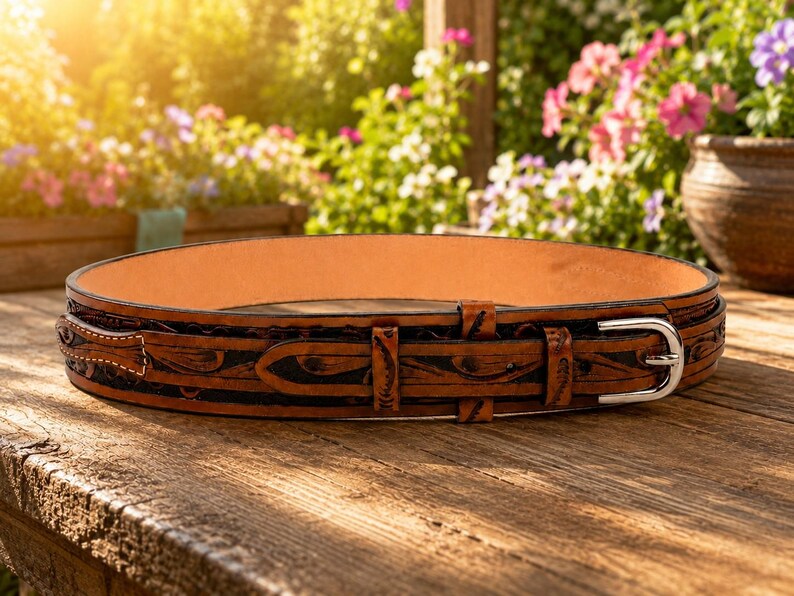 Ranger Texas Leather Tooled Western Gun Leather Belt 100% Genuine Full Grain Cowhide Engraved Personalized Handmade Genuine Cowboy Belt image 4