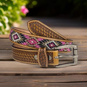 Tooled Western Beaded Engraved Leather Belt 100% Genuine Full Grain Cowhide Engraved Personalized Handmade Genuine Leather Cowboy Belt