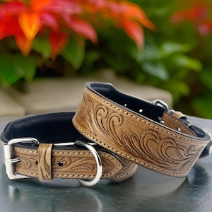 Leather Dog Collar Personalized Western Dog Cat Collar Hand Tooled Hand Crafted Genuine Leather Floral Padded Soft Adjustable Collar