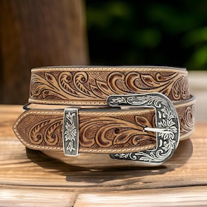 Full Grain Genuine Leather Belt Tooled Embossed Handcrafted Western Cowgirl Cowboy Belt Hand Tooled