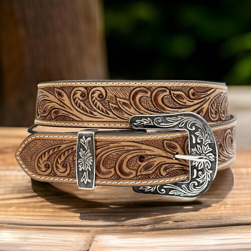 Full Grain Genuine Leather Belt Tooled Embossed Handcrafted Western Cowgirl Cowboy Belt Hand Tooled