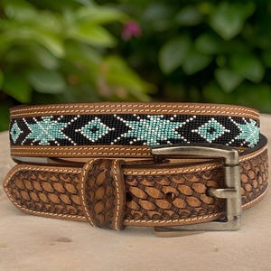 Tooled Western Beaded Engraved Leather Belt 100% Genuine Full Grain Cowhide Engraved Personalized Handmade Genuine Leather Cowboy Belt