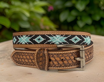 Tooled Western Beaded Engraved Leather Belt 100% Genuine Full Grain Cowhide Engraved Personalized Handmade Genuine Leather Cowboy Belt
