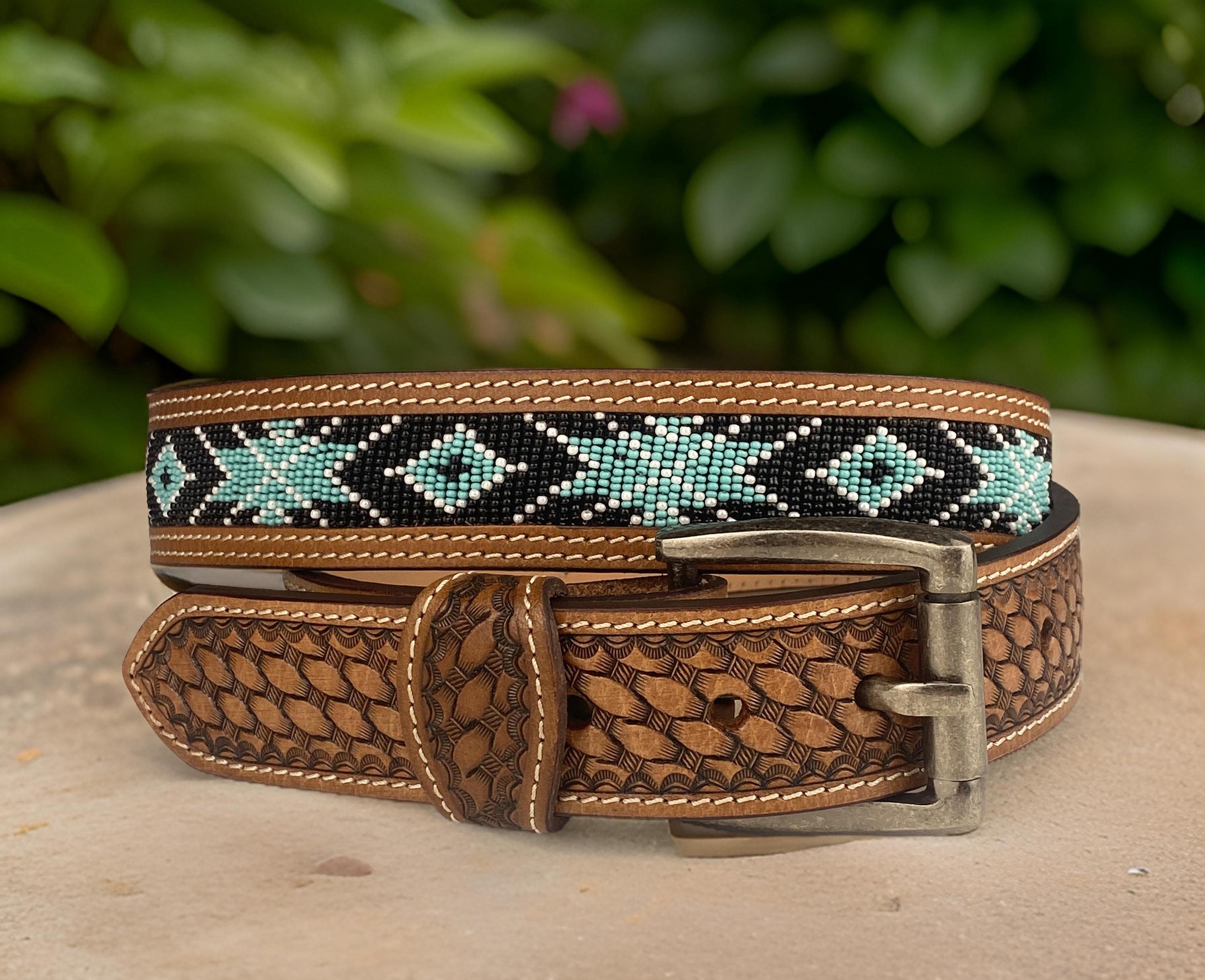 Western leather tooled belt with beaded buckle 2 Inch Hand-Tooled Artesanal Beaded Leather Belt – Texas  main image 3