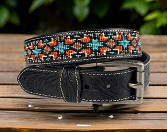 Custom Made Western Beaded Black Leather Belt Cowgirl Rodeo Beaded Western Black Leather Belt for Men Women, Cowboy  main image 2