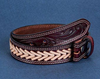 Full Grain Leather Snap-On Belt, Tooled Western Floral Engraved Leather Belt 100% Genuine Full Grain Cowhide with Snaps 1-1/2" WIDE