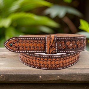 White Flower Hand Carved Leather Western Belt - Etsy