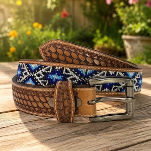 Western Beaded Tooled Engraved Leather Belt 100% Genuine Full Grain Cowhide Engraved Personalized Handmade Genuine Leather Cowboy Belt