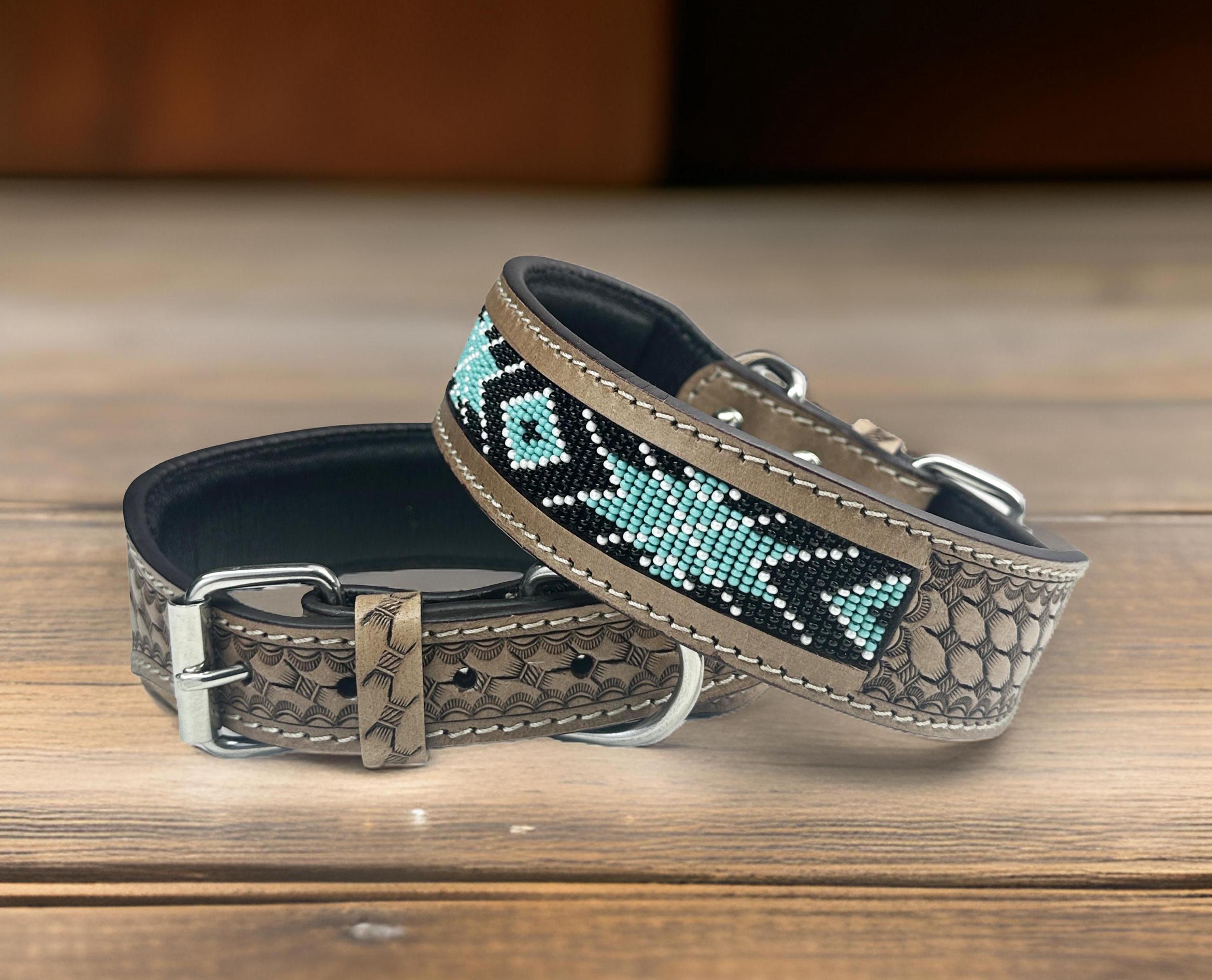Personalized Western Cat Dog Pet Collar Beaded Hand Tooled Crafted Padded Genuine Leather Floral Soft Adjustable Puppy Collar