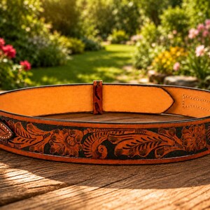 May include: A tan leather belt featuring a dark brown floral and leaf pattern embossed along the exterior. The belt is shaped into a circle, revealing a smooth, light tan interior surface and a single leather loop holding the strap in place.