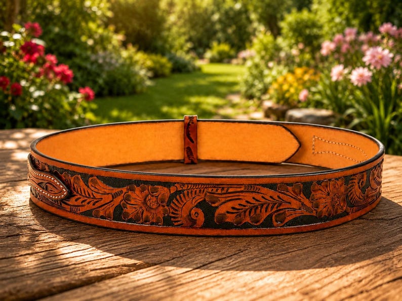 May include: A tan leather belt featuring a dark brown floral and leaf pattern embossed along the exterior. The belt is shaped into a circle, revealing a smooth, light tan interior surface and a single leather loop holding the strap in place.