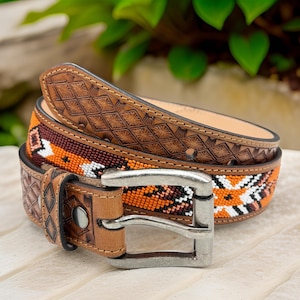Tooled Western Beaded Engraved Leather Belt 100% Genuine Full Grain Cowhide Engraved Personalized Handmade Genuine Leather Cowboy Belt