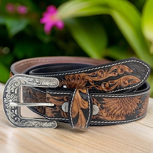 Full Grain Genuine Leather Belt Tooled Embossed Handcrafted Western Cowgirl Cowboy Belt Hand Tooled