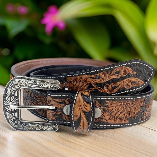 Full Grain Genuine Leather Belt Tooled Embossed Handcrafted  display picture 2