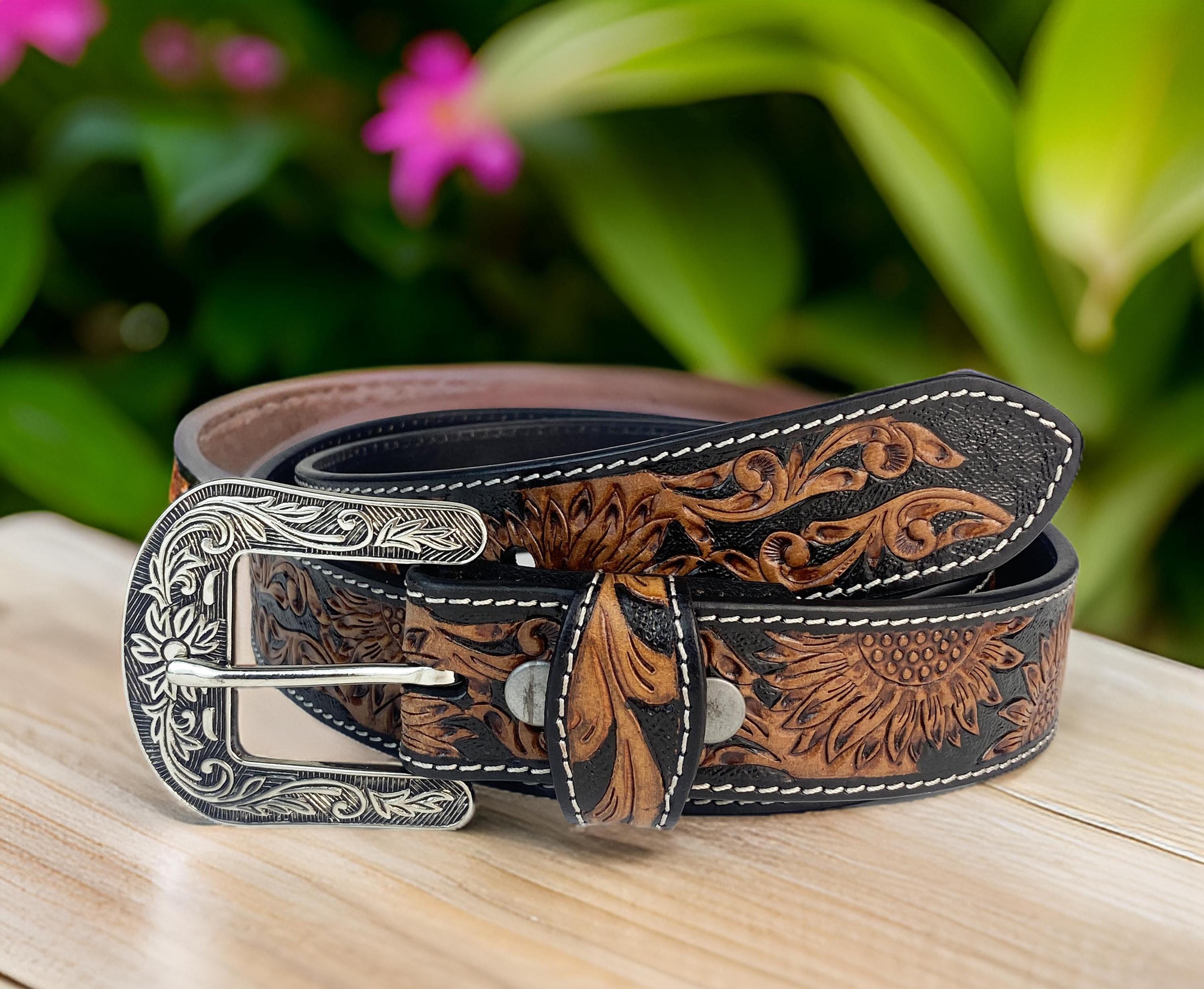 Made In India black Tooled Leather stones‎ on Buckle Western Boho Belt Unisex L 1 1/2 main image 3