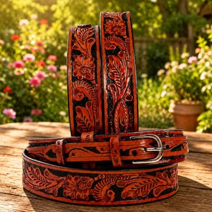 May include: A brown leather belt featuring intricate floral and leaf tooling patterns with a black dyed background. The belt includes a silver-toned metal buckle and a matching leather keeper loop, showcasing detailed craftsmanship and texture.