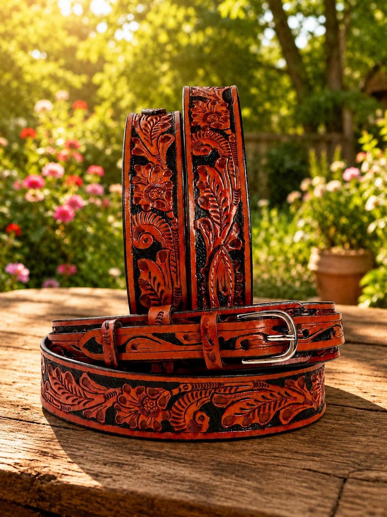 May include: A brown leather belt featuring intricate floral and leaf tooling patterns with a black dyed background. The belt includes a silver-toned metal buckle and a matching leather keeper loop, showcasing detailed craftsmanship and texture.