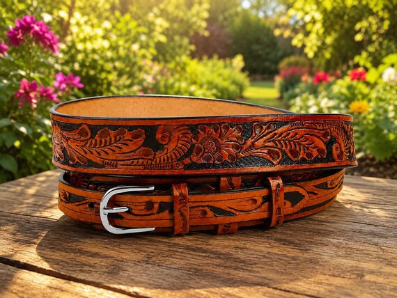Ranger Texas Leather Tooled Western Gun Leather Belt 100% Genuine Full Grain Cowhide Engraved Personalized Handmade Genuine Cowboy Belt