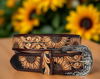 Full Grain Sunflower Genuine Leather Belt Tooled Embossed Handcrafted Western Cowgirl Cowboy Belt Hand Tooled